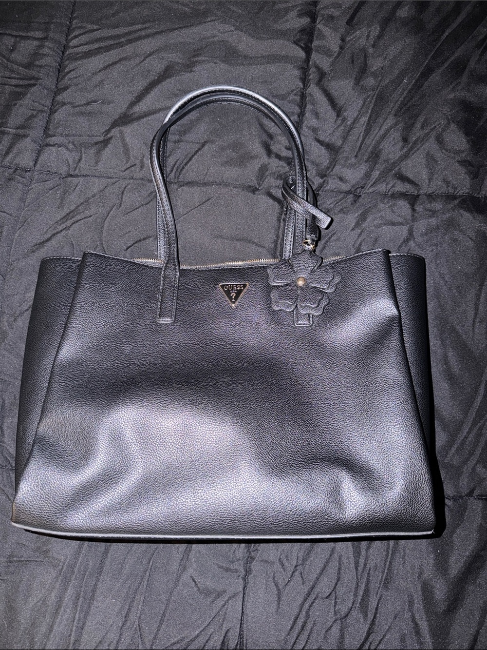 GUESS Black Pebbled Leather Tote with Flower Charm